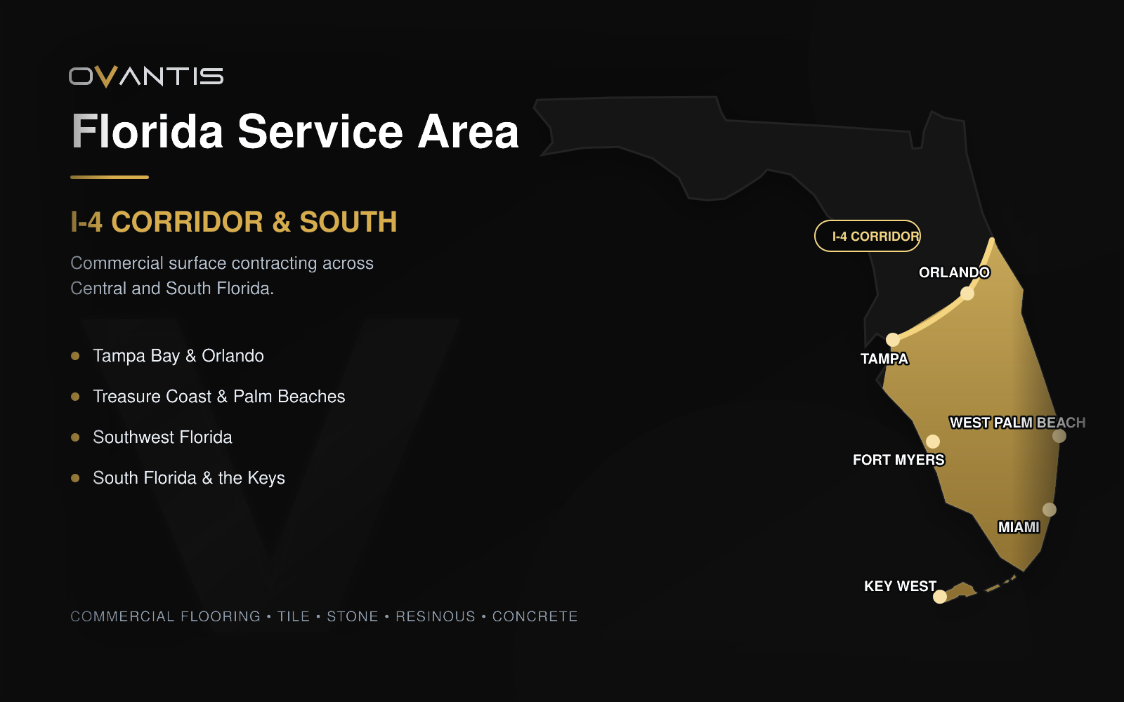 Map of Ovantis Florida service area covering the I-4 corridor south to the Keys, including Tampa, Orlando, Fort Myers, West Palm Beach, Miami and Key West