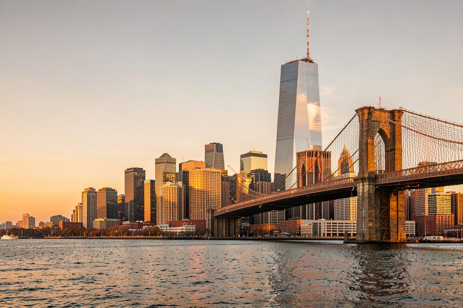 Lower Manhattan and the Brooklyn Bridge at golden hour