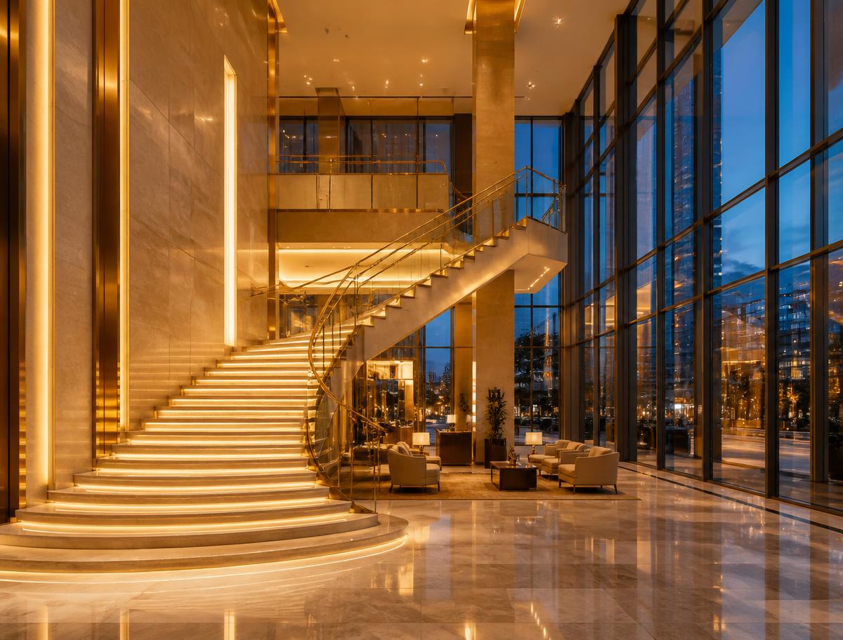 Grand commercial atrium with stone flooring and gold lighting